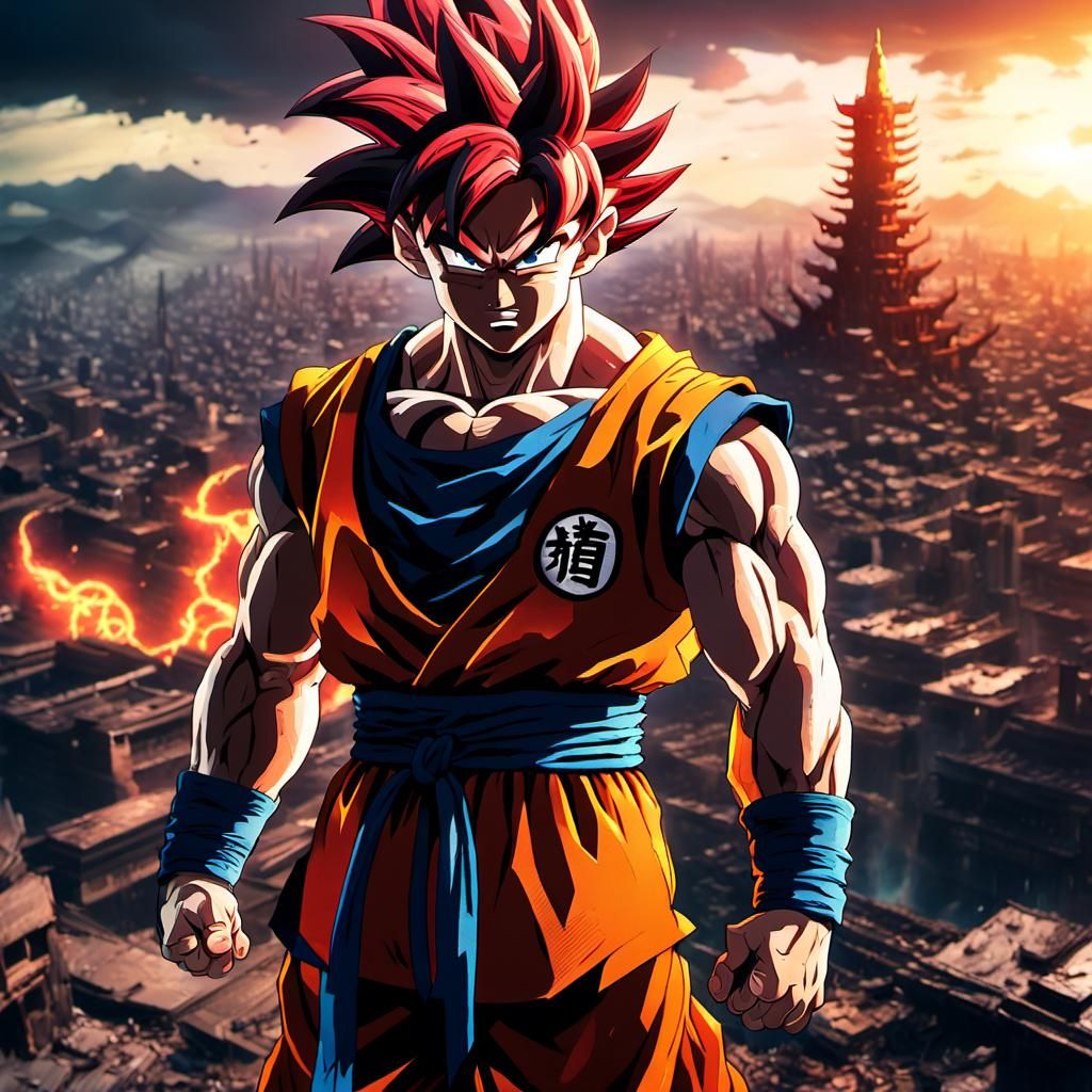 Goku Super Saiyan God in Ruined Cityscape