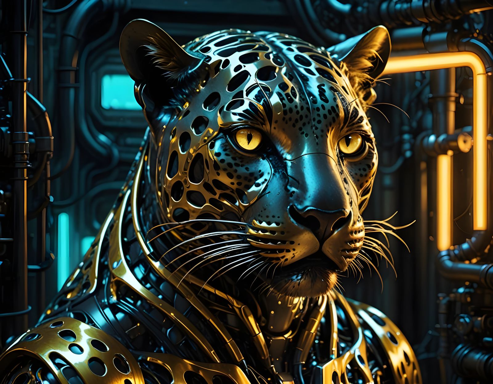 Ethereal Black-Gold Leopard in Futuristic Biomechanical Styl...