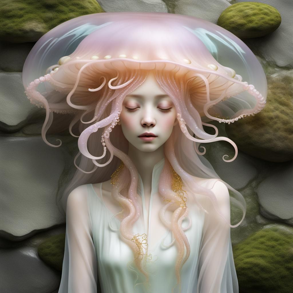 Contemplative Jellyfish Woman in Dreamlike Setting