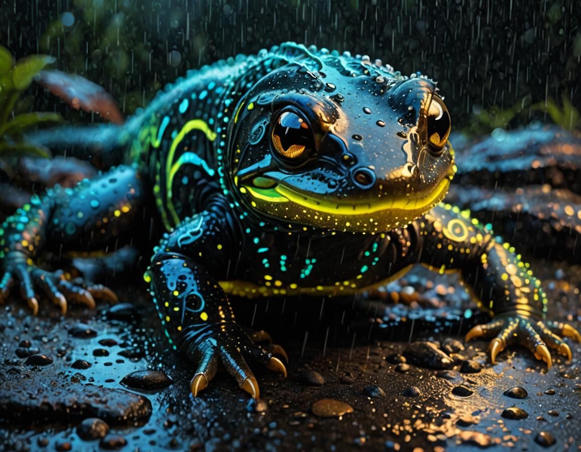 Bioluminescent Salamander in Rain with Runic Linework