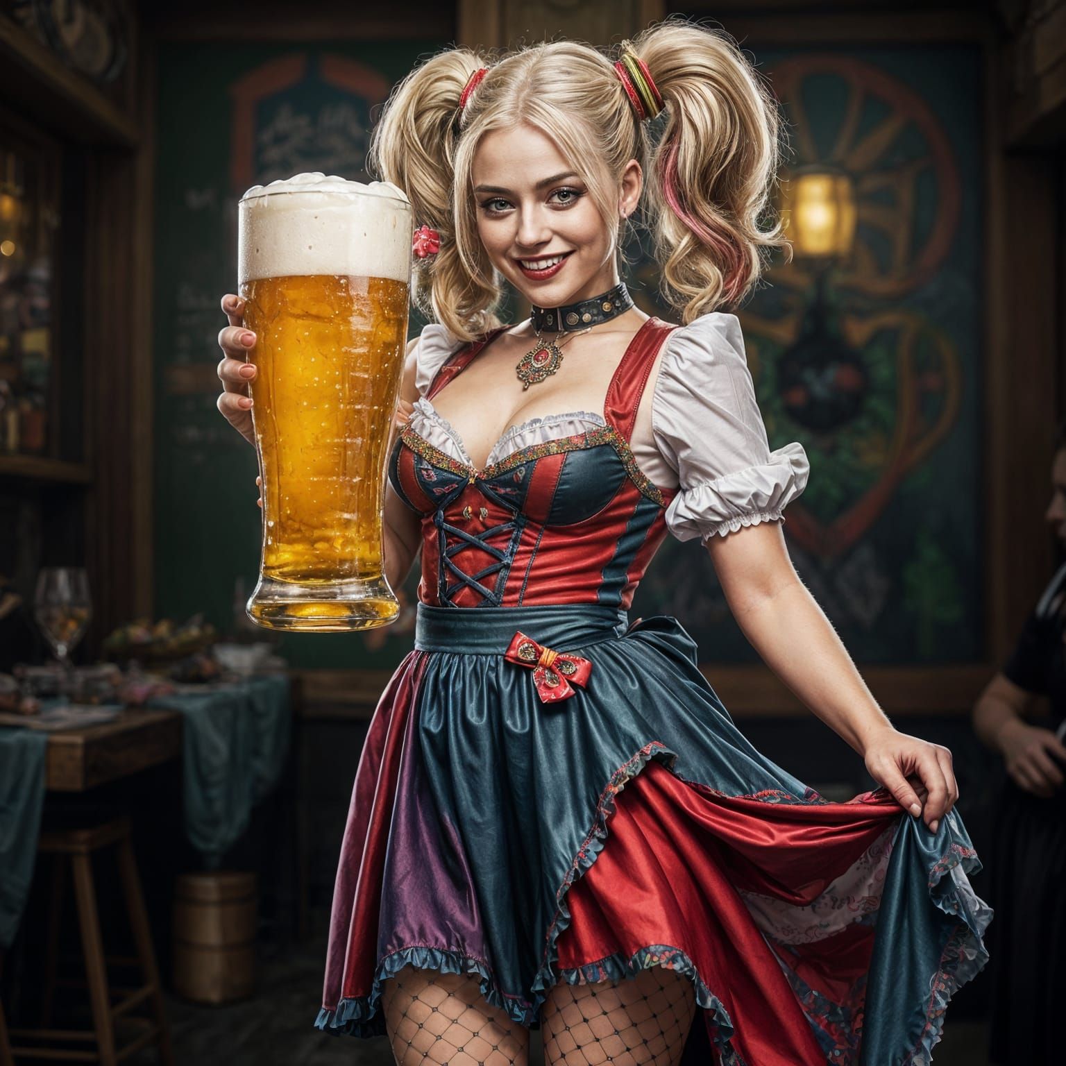 Harley Quinn in Dirndl at Oktoberfest with Beer