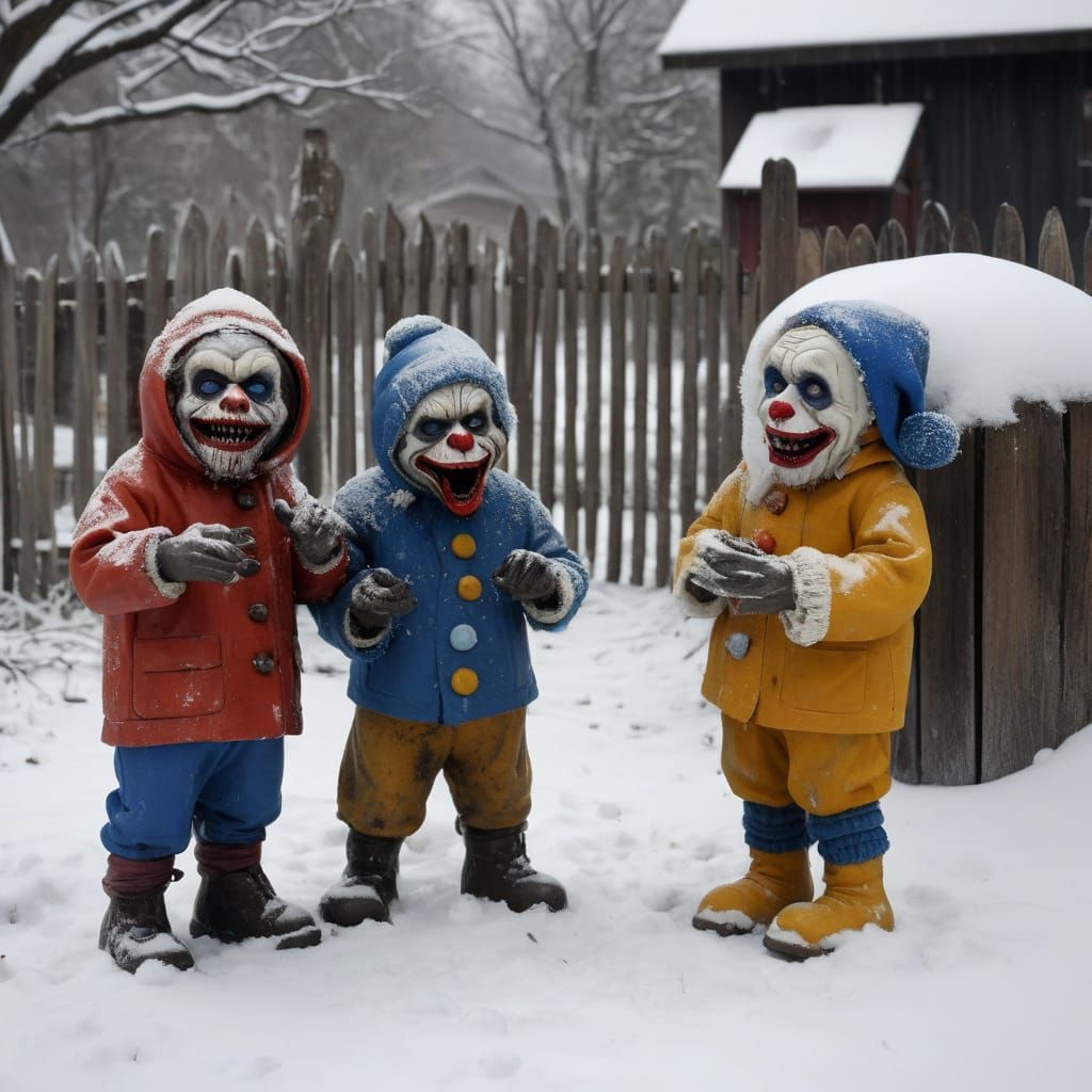 Twisted Clown Toddlers Engage in Frenzied Snowball Fight