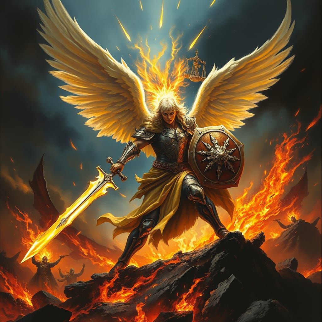 Angelic Warrior Dispensing Fiery Justice on Battlefield