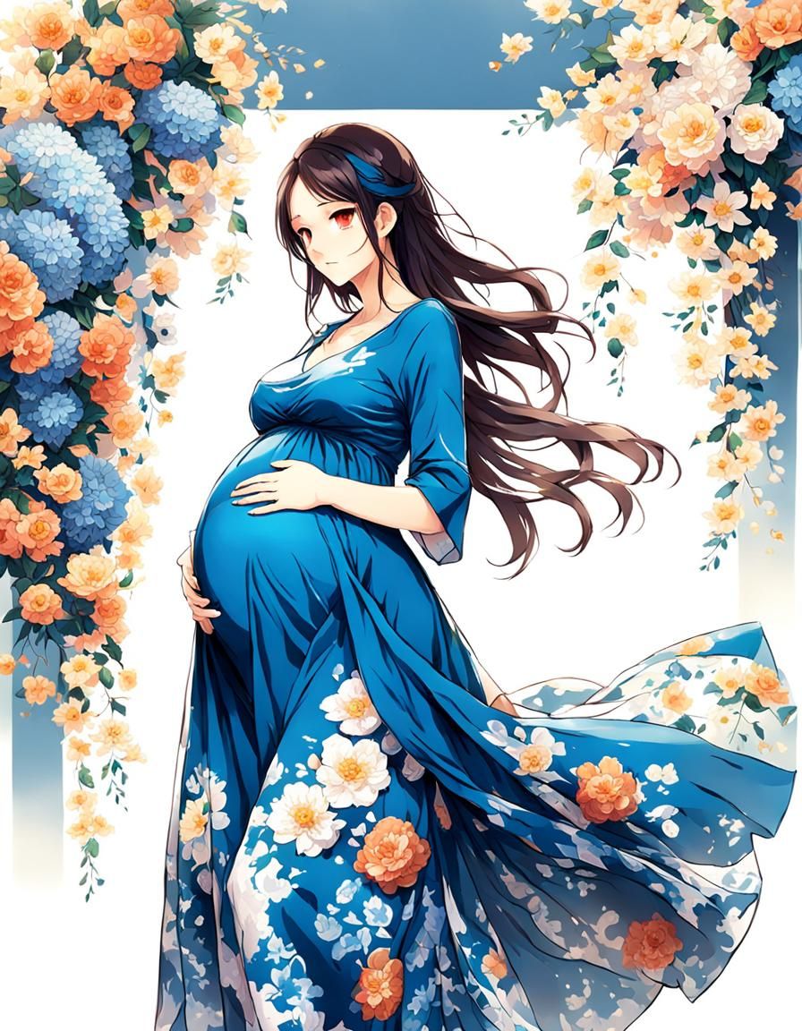 Pregnant Woman in Blue Dress: Anime Style