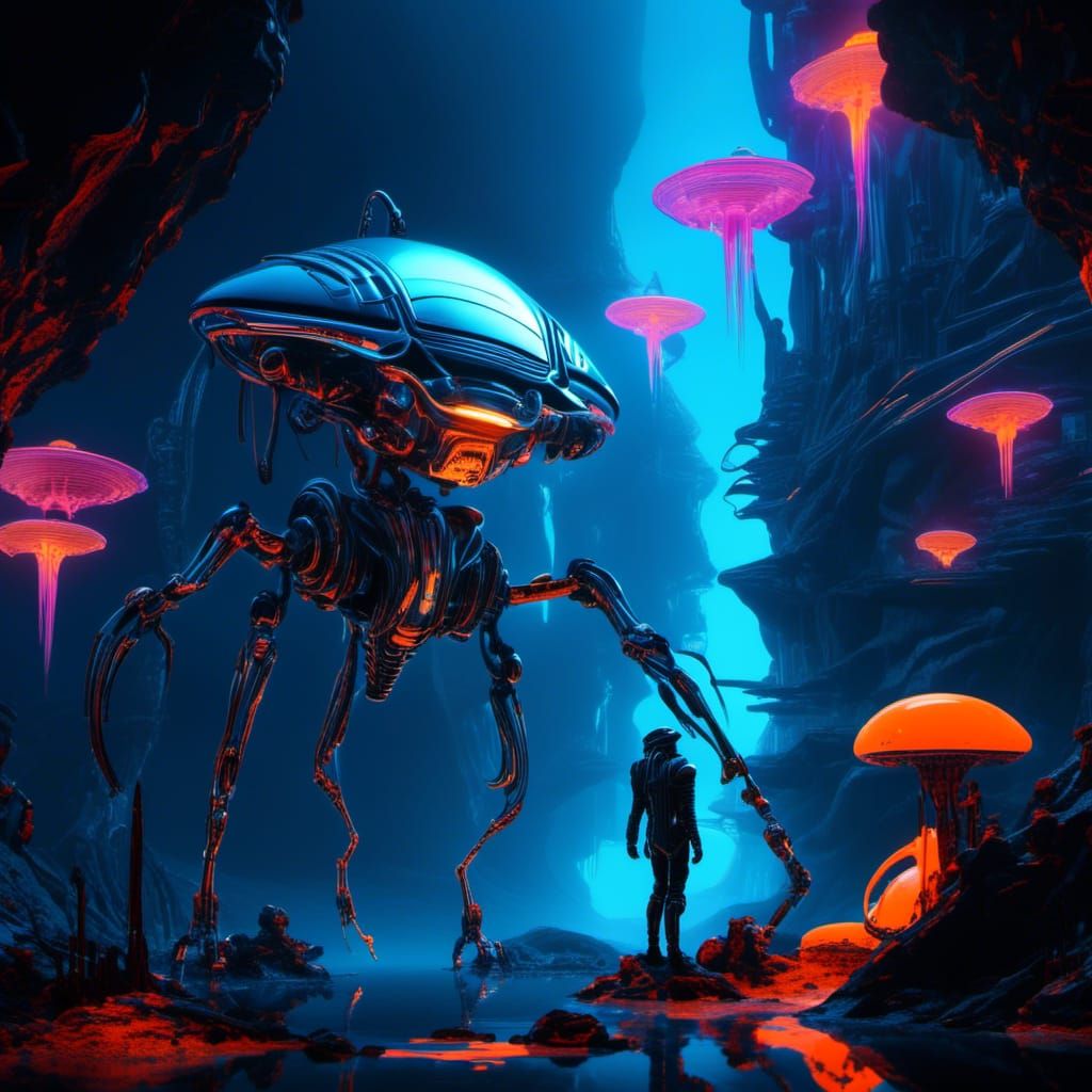Bioluminescent Biopunk Robot Alien on Strange Planet