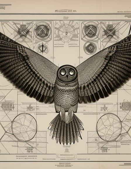 Futuristic Owl Blueprint in Technical Drawing Style