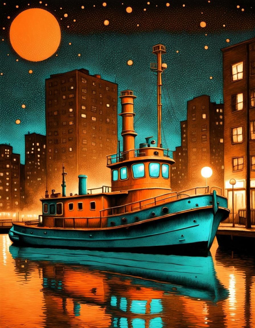 Pointillist Tugboat at Night in Sepia Tones