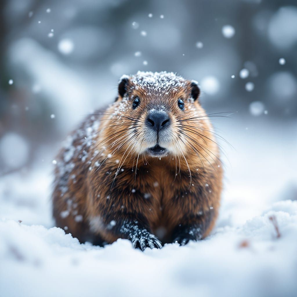 Realistic Beaver Portrait in Snowy Forest