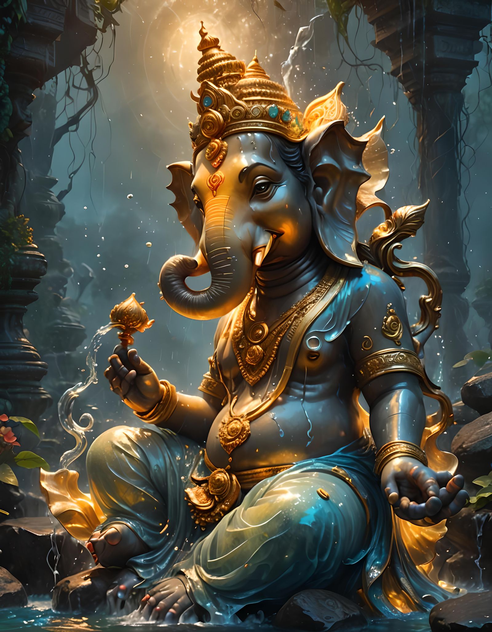 Lord Ganesha Made of Flowing Blue Water