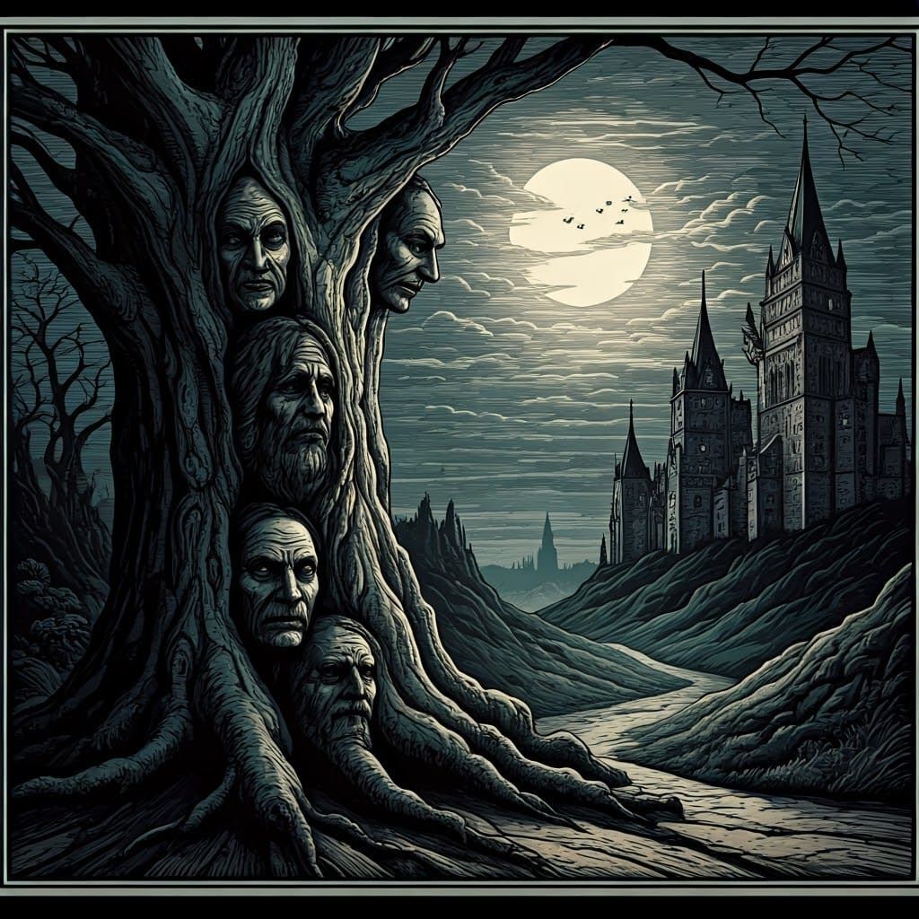 Mystical Woodcut: Twisted Tree and Medieval Castle