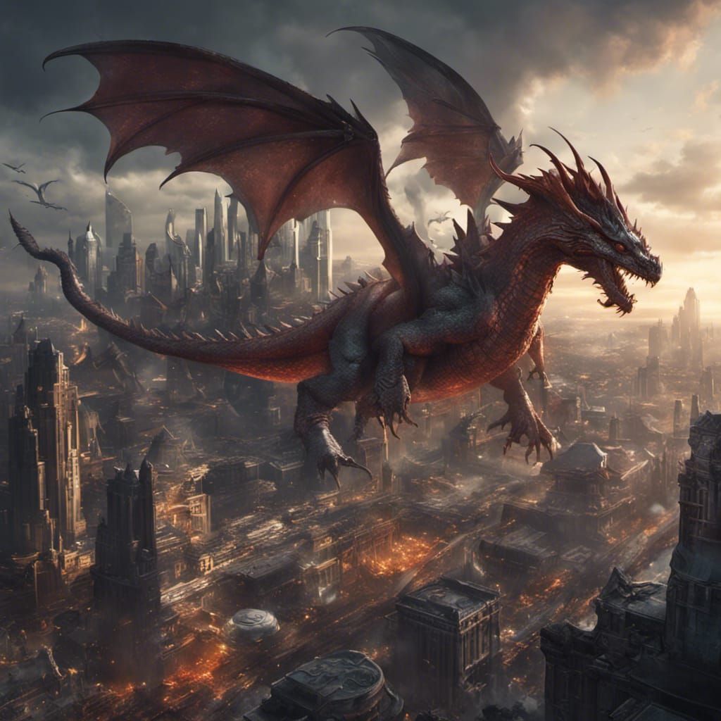 Dragons Attack Futuristic City: Dark Fantasy Art