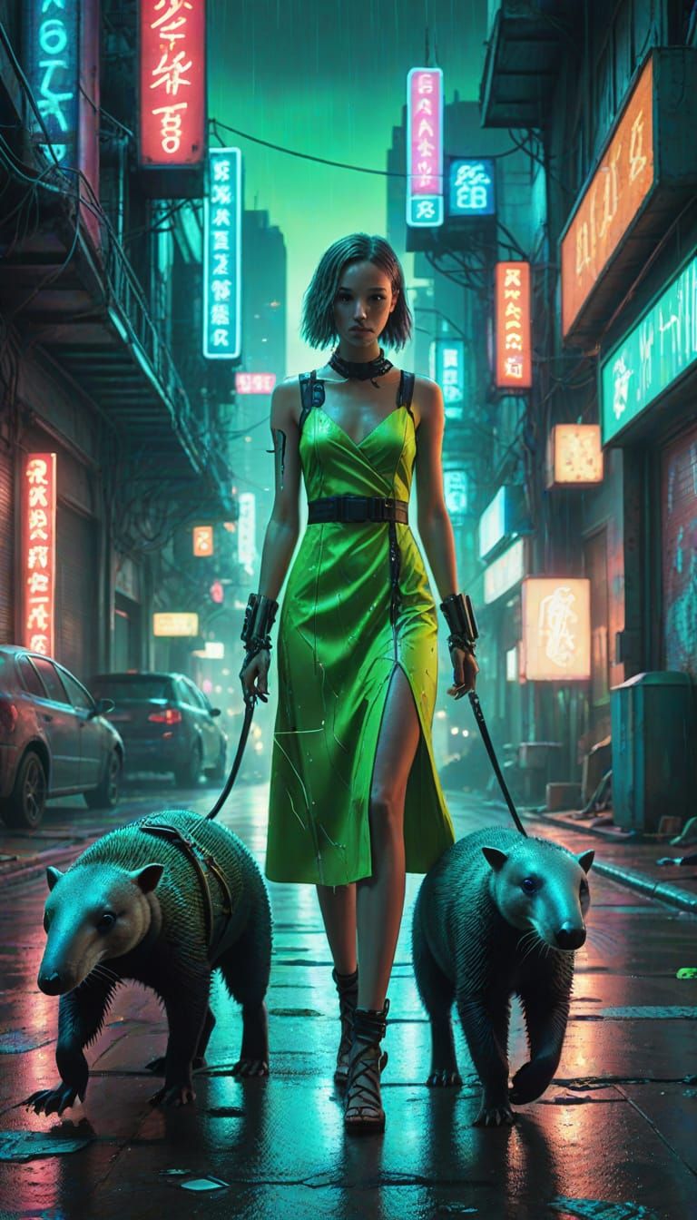 Cyberpunk Woman with Anteater in Neon City