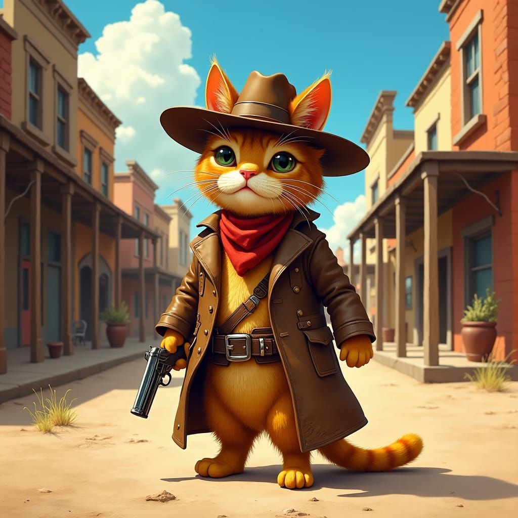 Tabby Cat as Cowboy in Western Town