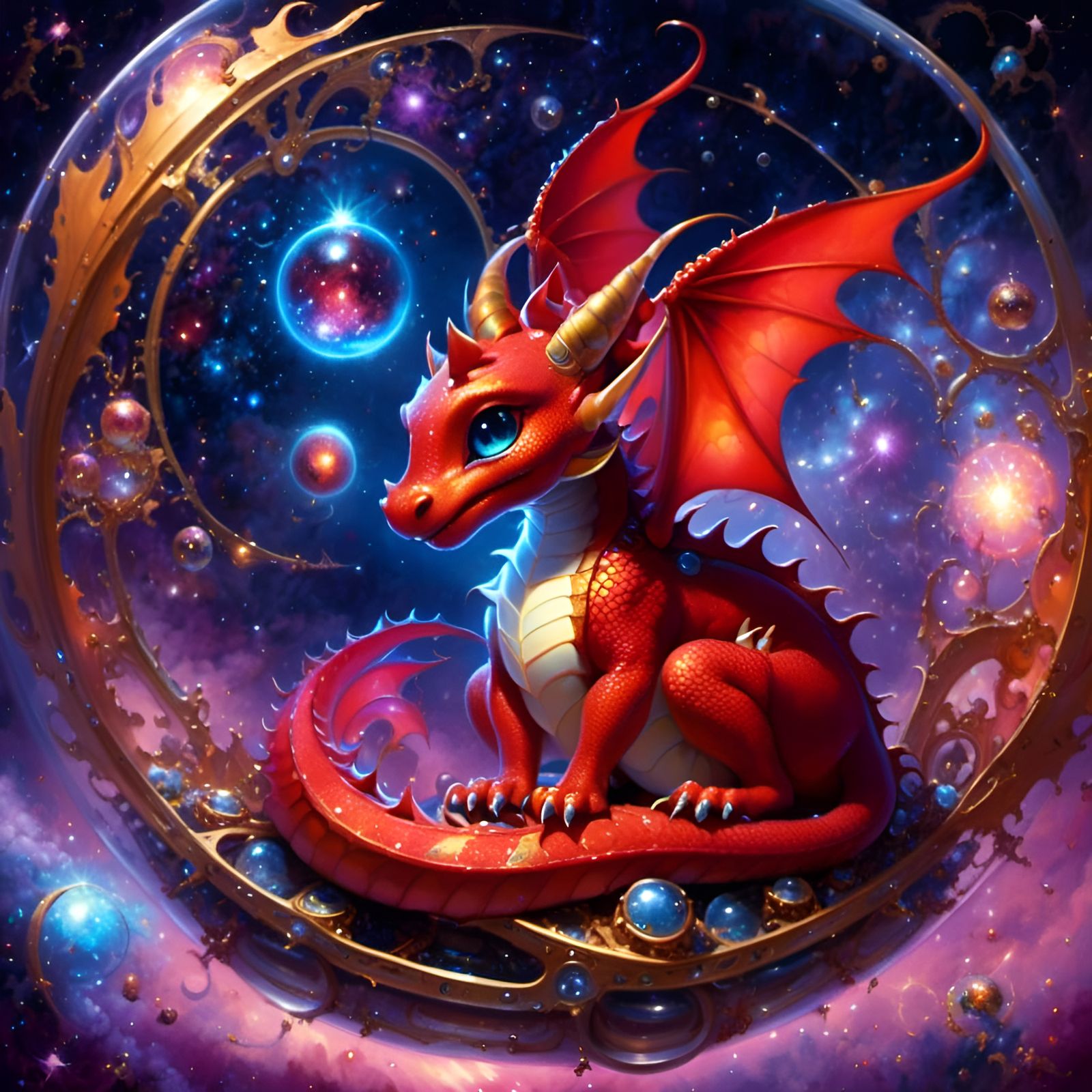 Sleeping Red Dragon Whelp in Aetherpunk Style