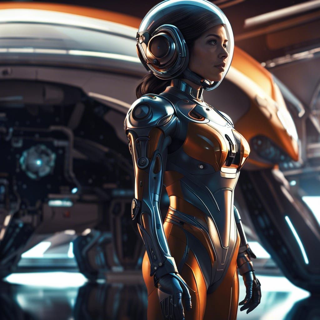 Female Cyborg Robot in Sleek Spacecraft, Syd Mead Style