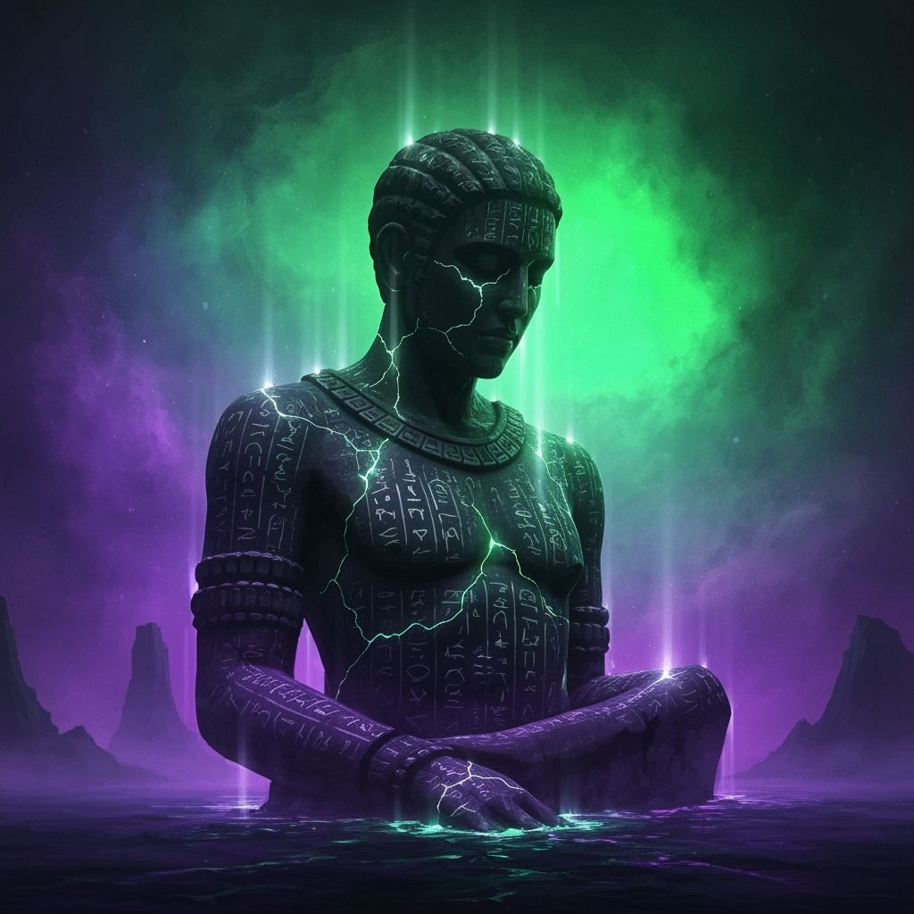 Obsidian Deity Statue in Emerald Nebula