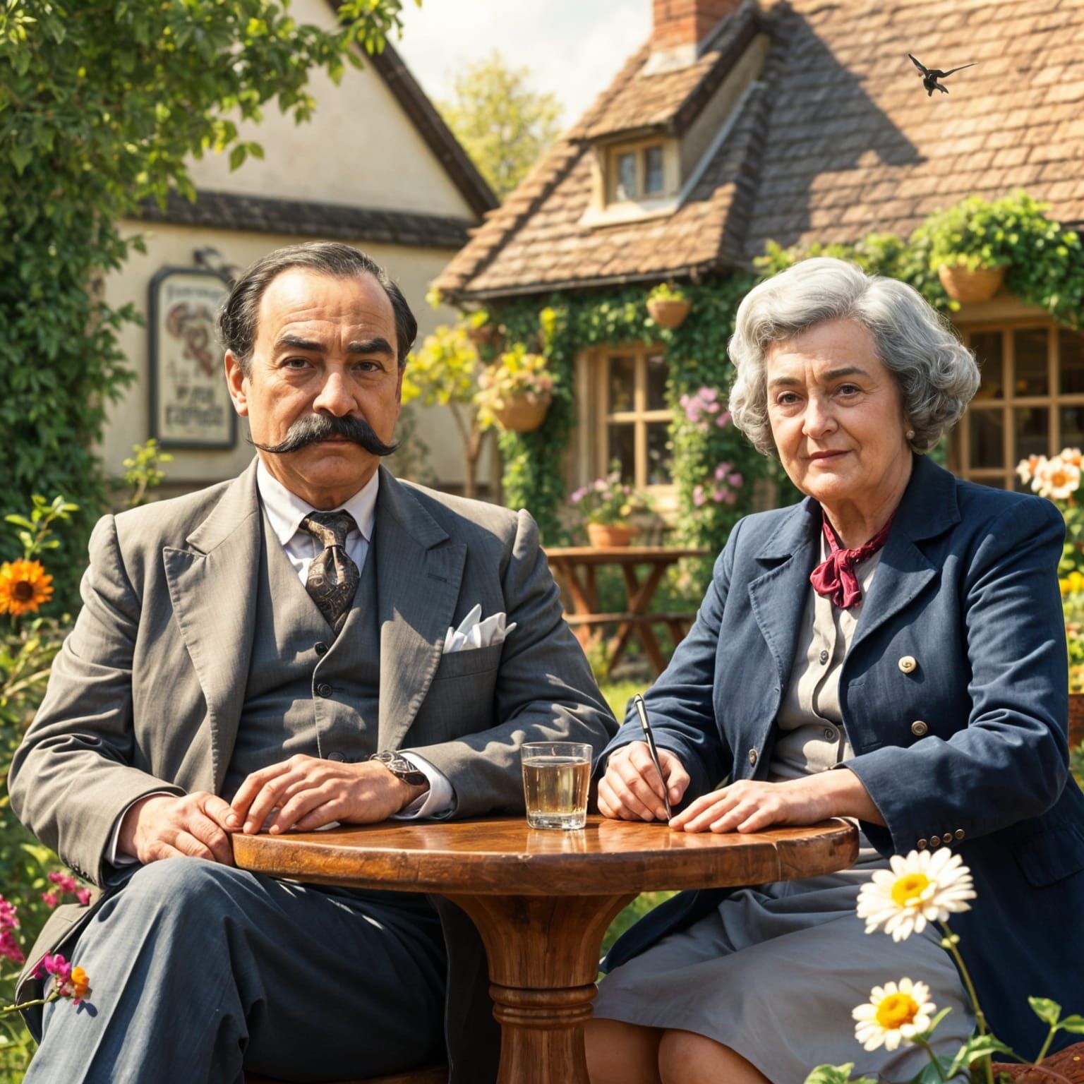 Hercule Poirot, meets Miss Marple in a country pub garden
