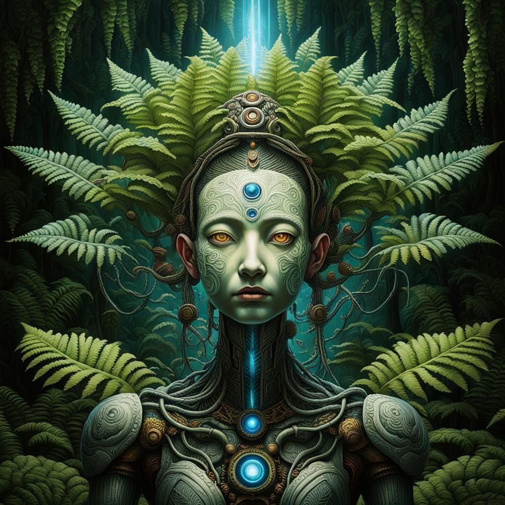 Gothic Cyborg Lotus Deity Merges with Biomechanical Fern