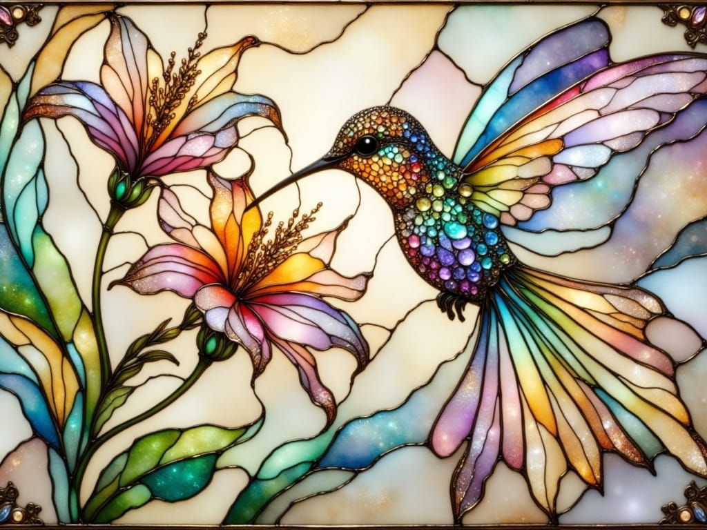Iridescent Chrome Hummingbird in Stained Glass Wonderland