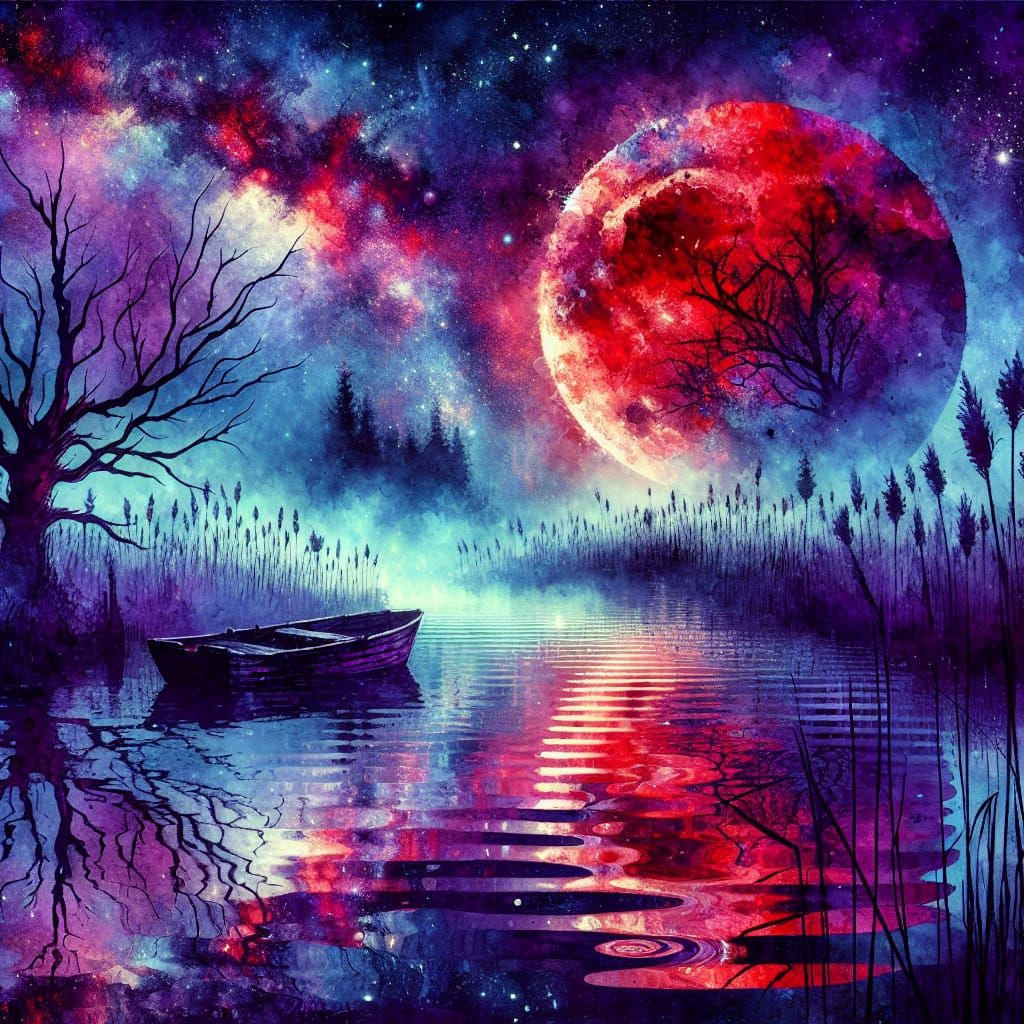 Surreal Crimson Moon Reflected in Tranquil Lake