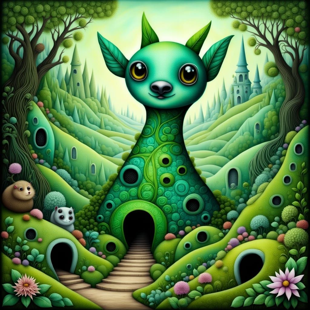 Surreal Forest Scene with Leaf Dog and Stone Cat