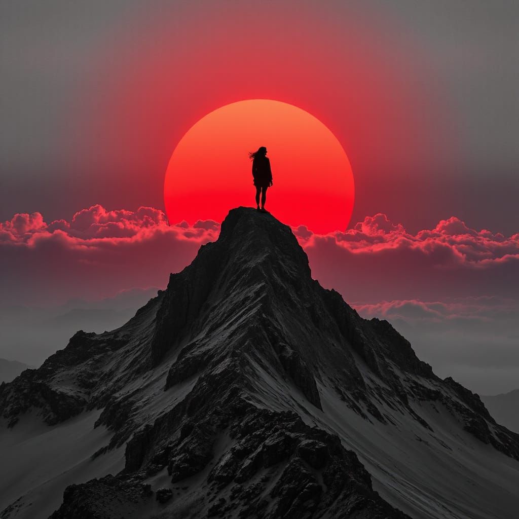 Monochrome Pyramid Mountain with Red Sunset