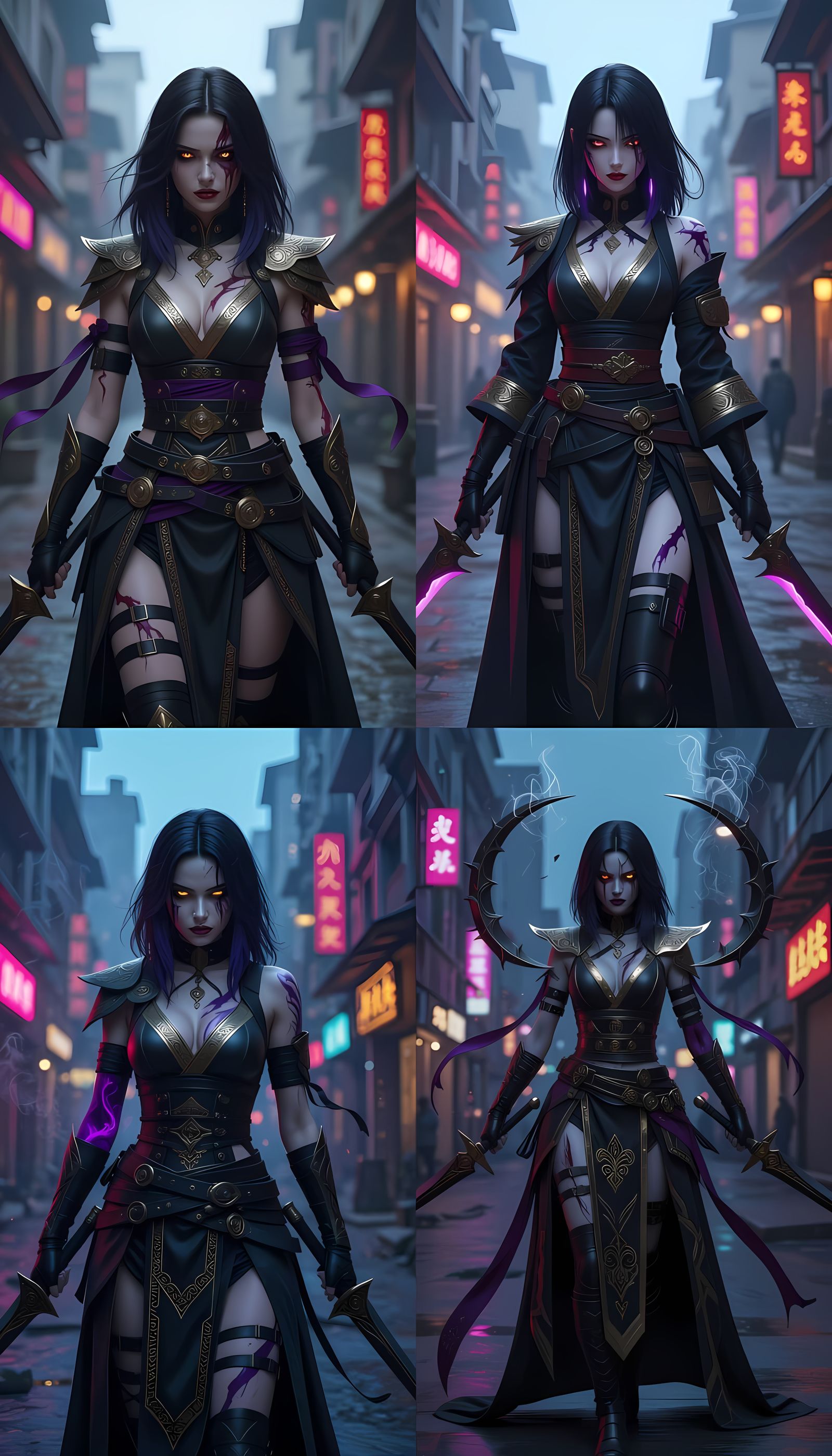 Sinister Violet Woman Wielding Void Energy Blades