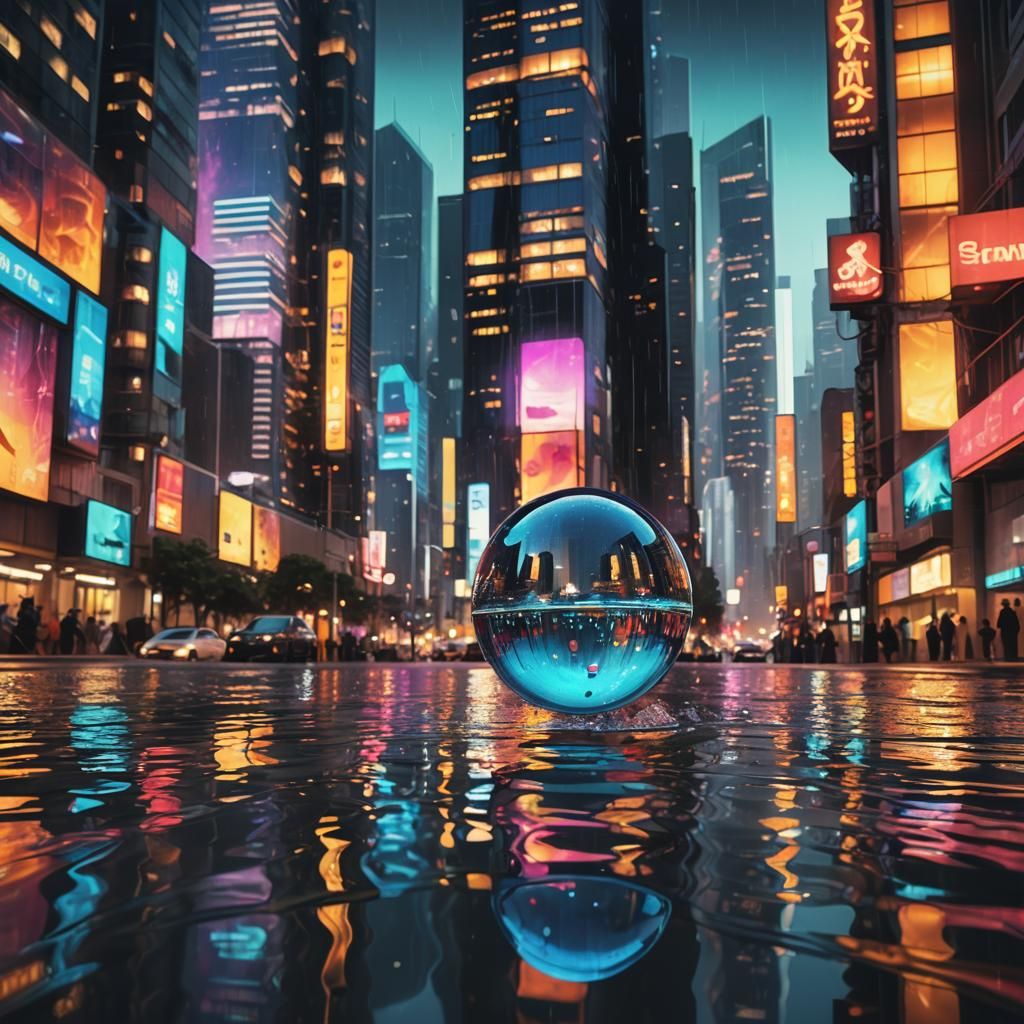 Futuristic City Reflected in Water Droplet: Digital Art