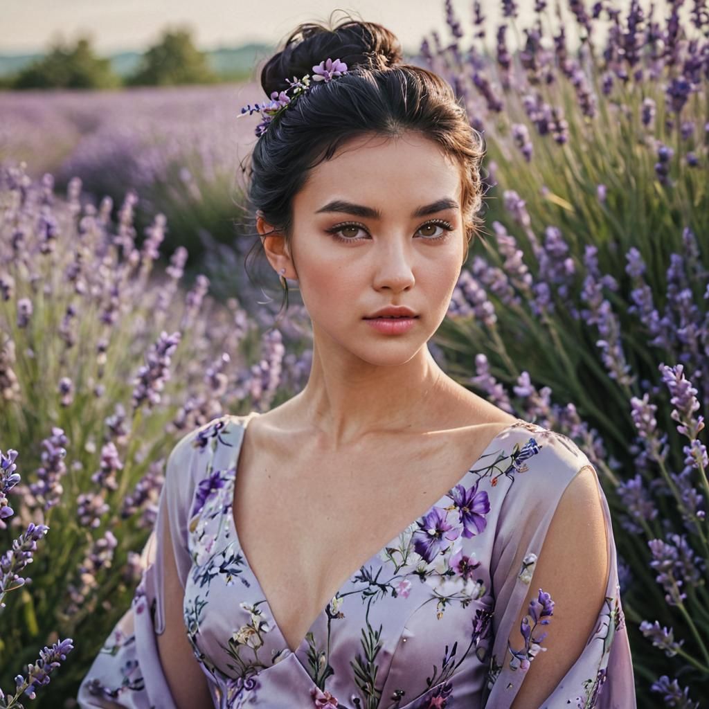Eurasian Woman in Lavender Field: Romantic Realism Portrait