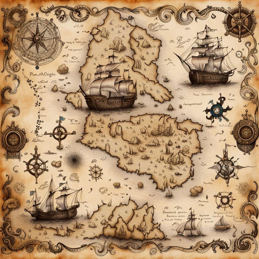 Detailed Pirate Treasure Map on Parchment