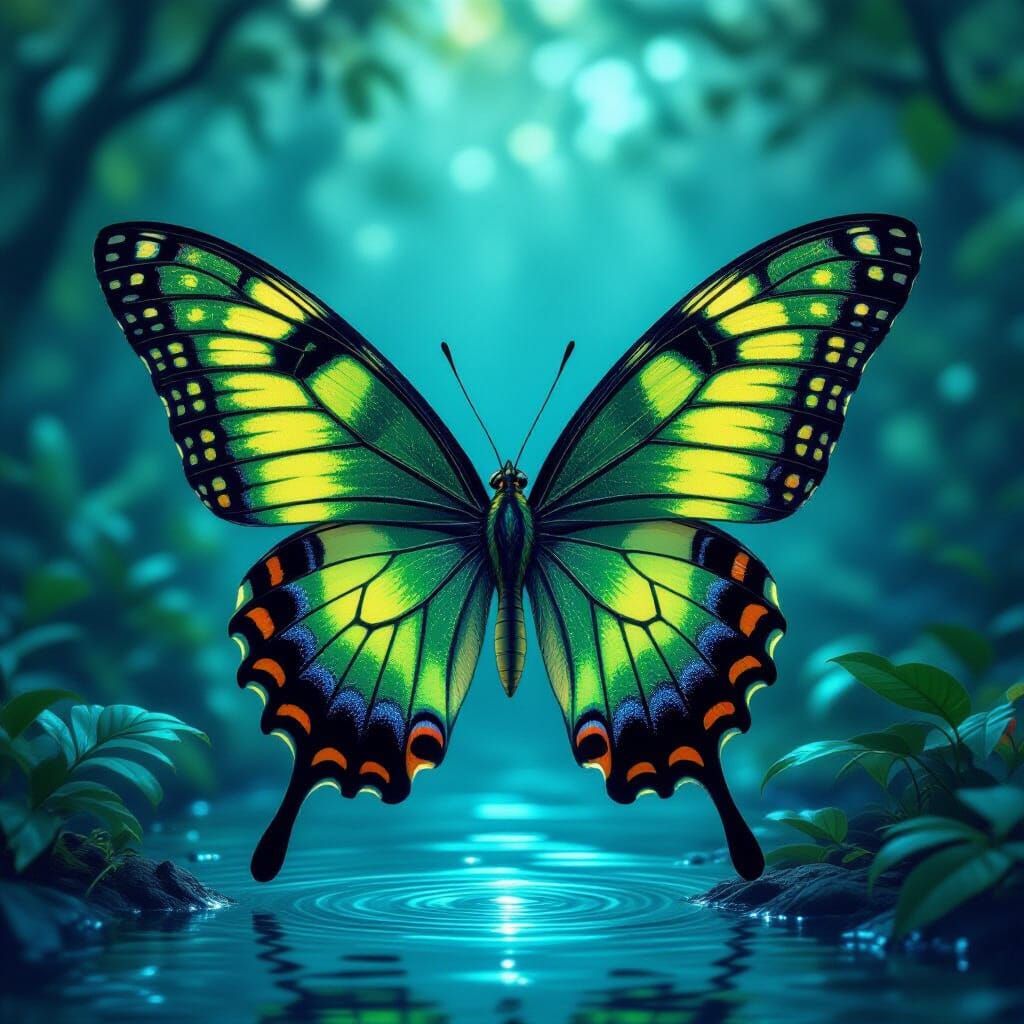 Giant Green Butterfly in Iridescent Forest
