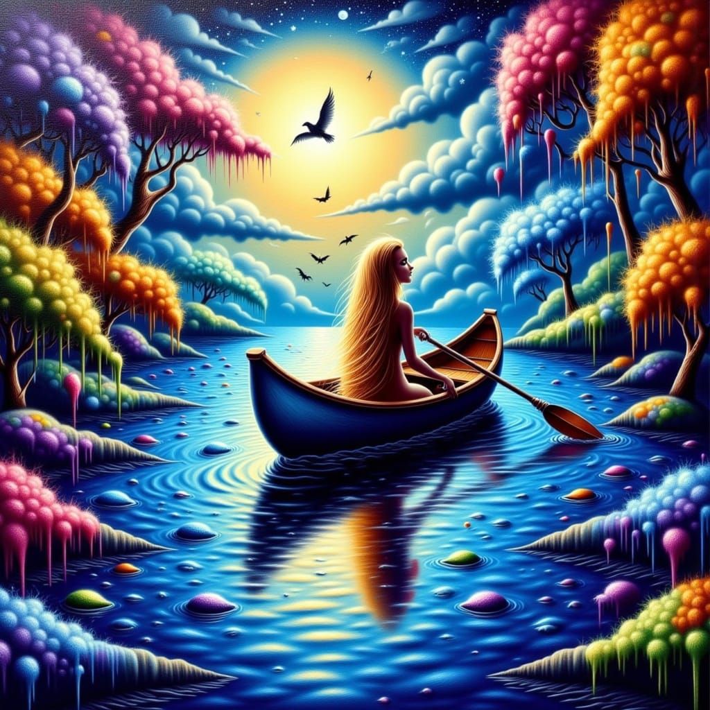 Vibrant Paint Spills Create Dreamlike Waterscape on Canvas