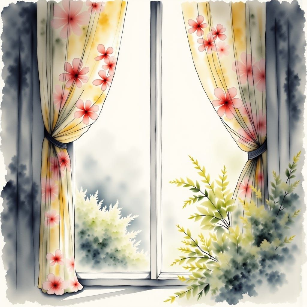 Soft Morning Light Through Floral Curtains, Ink Wash Style