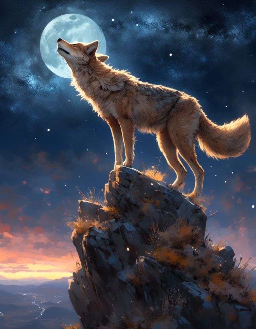 Anthropomorphic Coyote Reaching for the Stars in Anime Art