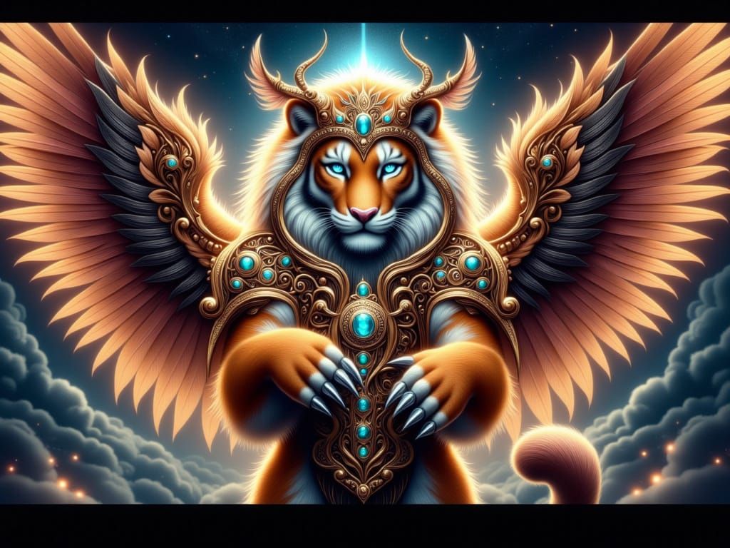 Regal Celestial Tiger in Golden Armor with Turquoise Headdre...