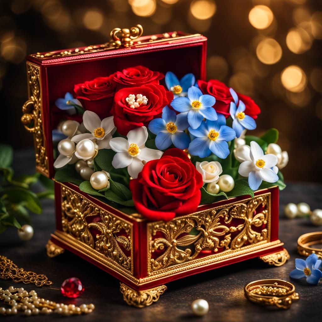 Exquisite Luxury Box Overflowing with Jewels and Flowers