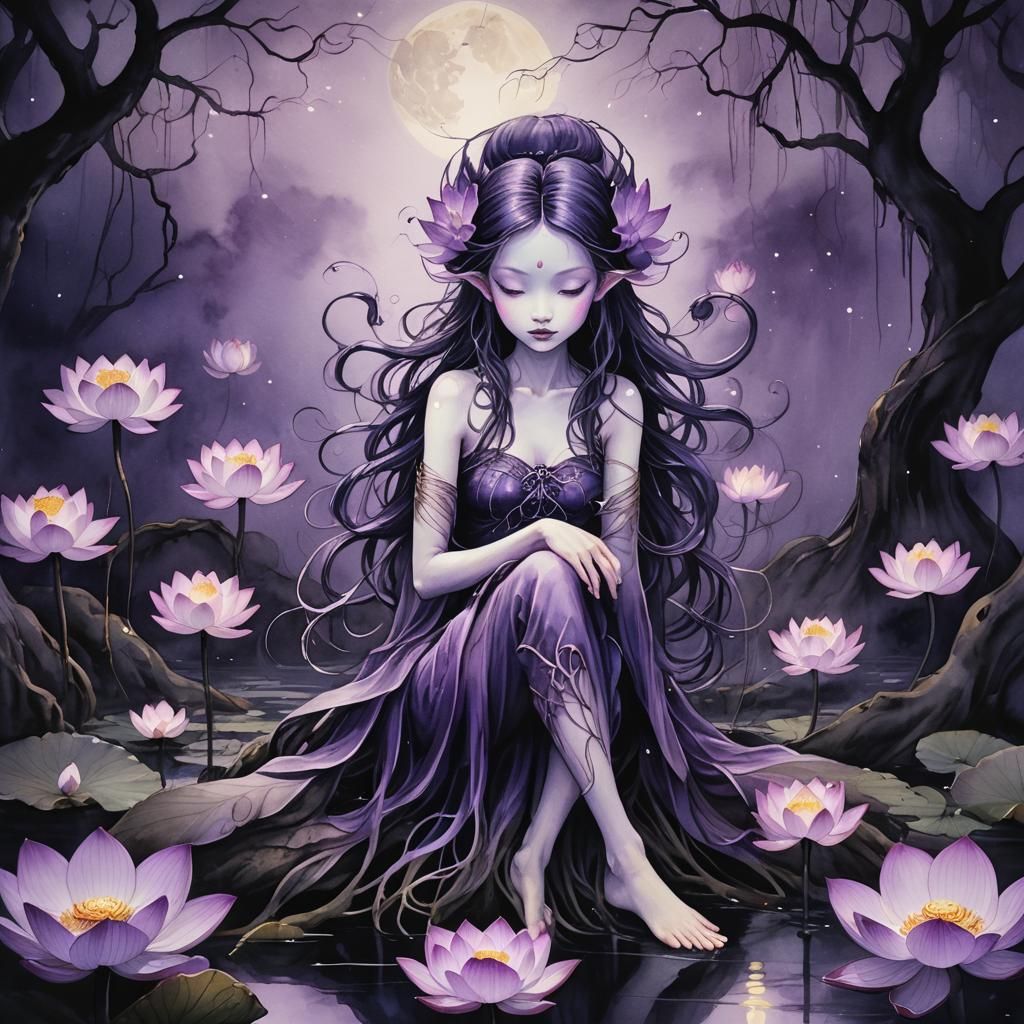 Ethereal Purple Lotus Fairy in Ink Wash Painting