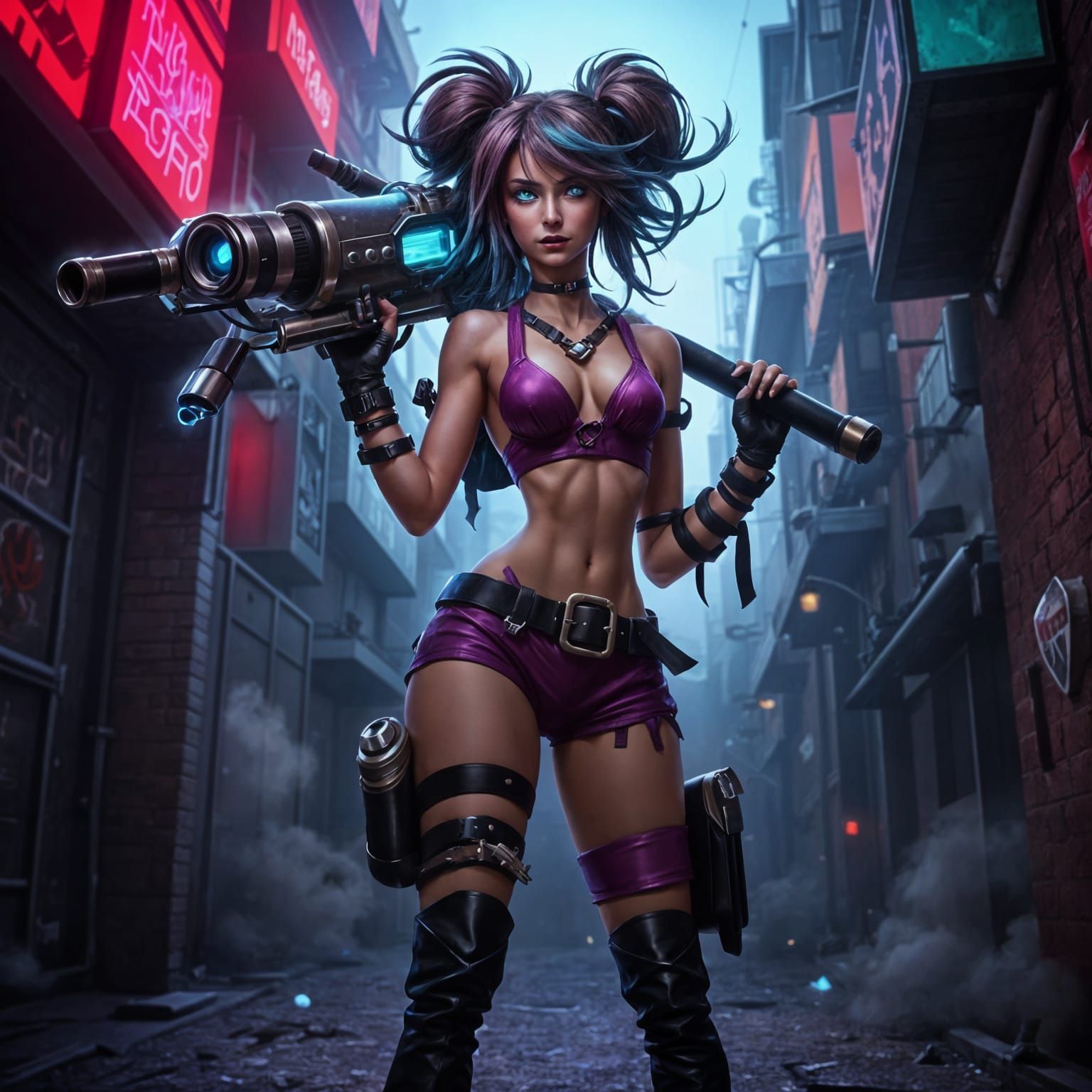 Jinx Cosplay in Dynamic Urban Alleyway