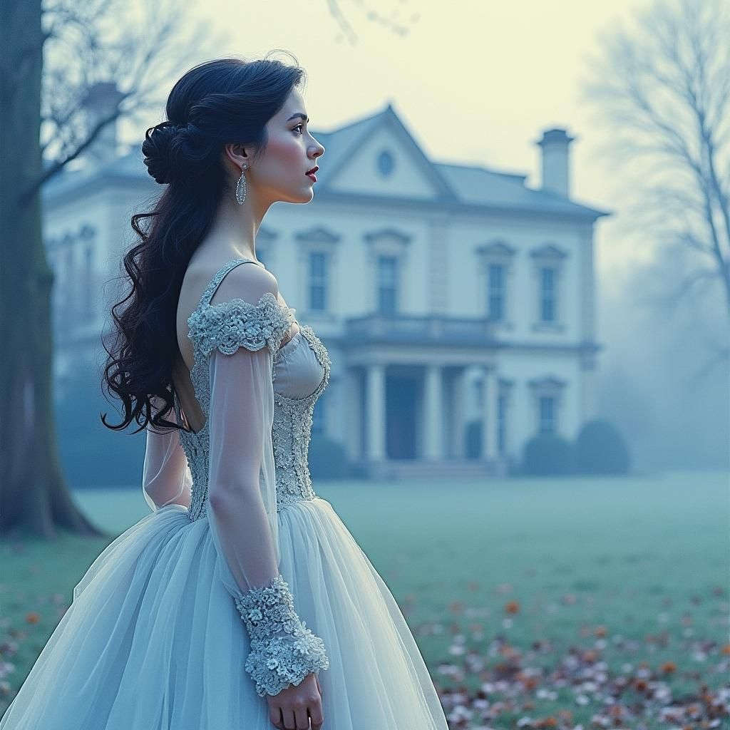 Elegant Woman in Regency Gown at Stately Home