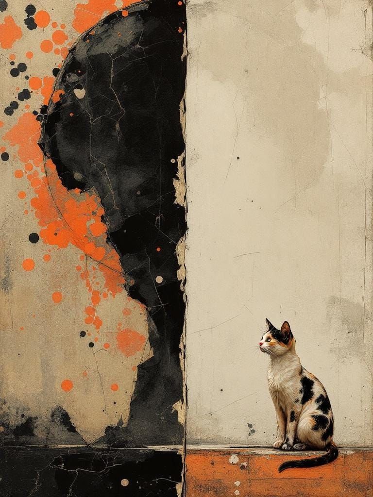 Cat Under Flower in Wabi-Sabi Aesthetic