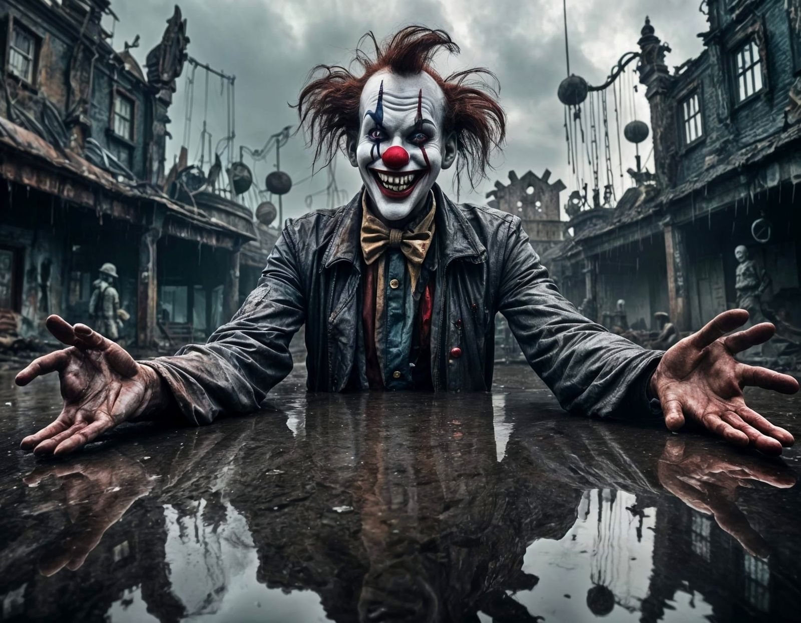 Uncanny surreal clown looming in a dystopian fairground