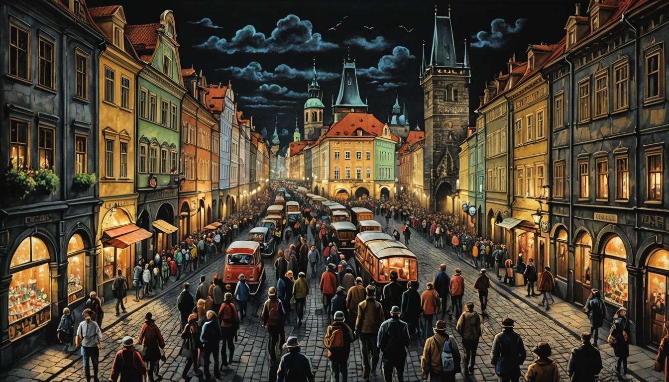 Colorful Chalk Drawing of Prague Street
