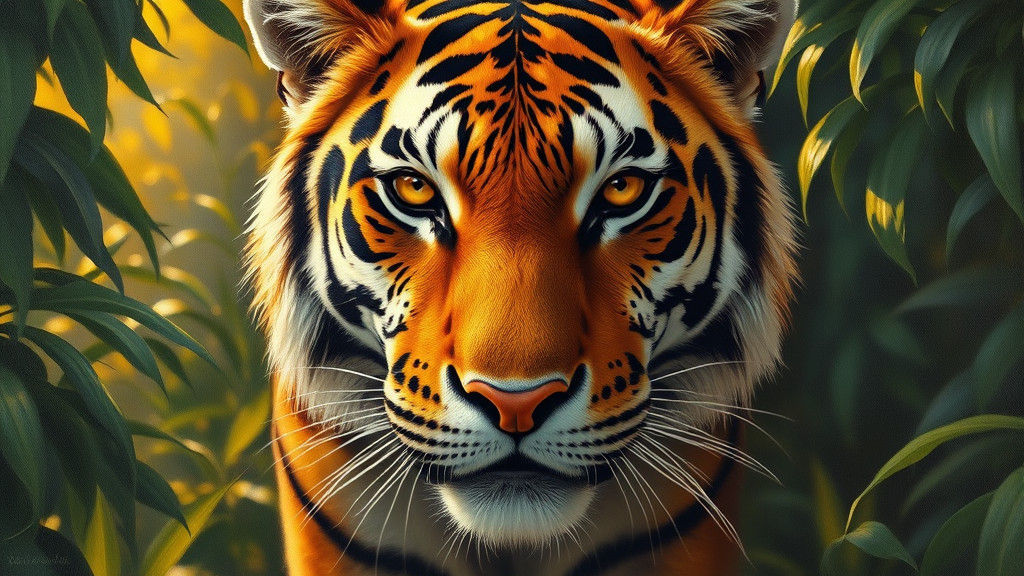 Tiger Face Oil Painting in Golden Light