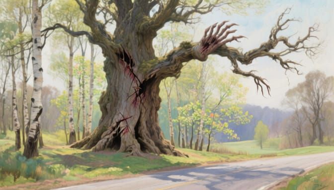 Ancient Oak Tree Stands Defiantly in Spring Landscape