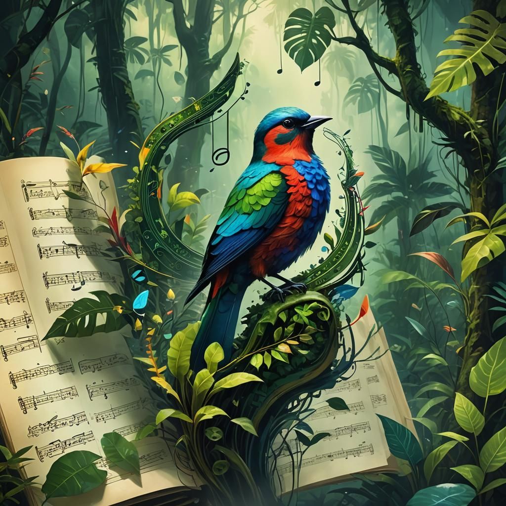 Musical Bird in Rainforest: Fantasy Concept Art