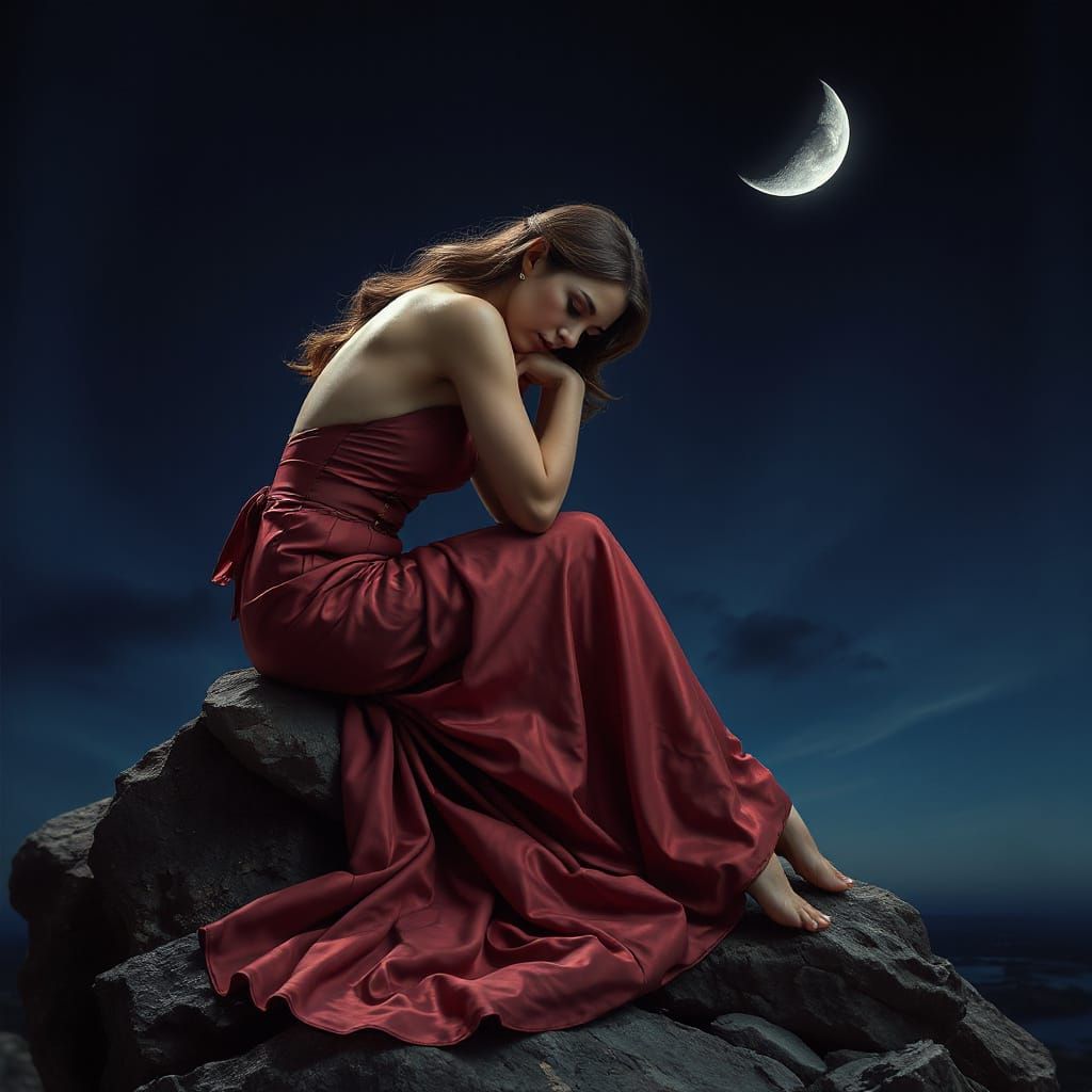 Woman in Gown Under Crescent Moon
