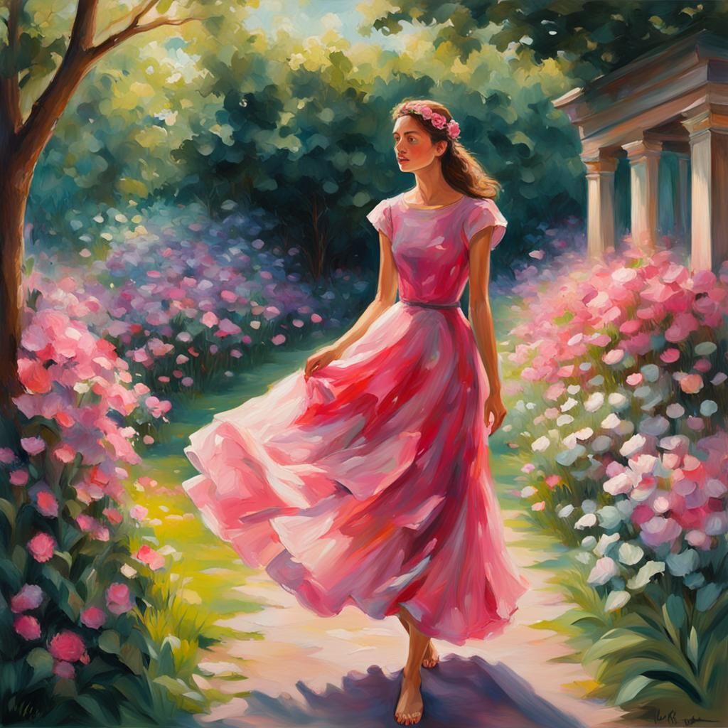 Woman in Pink Dress: Impressionist Oil Painting
