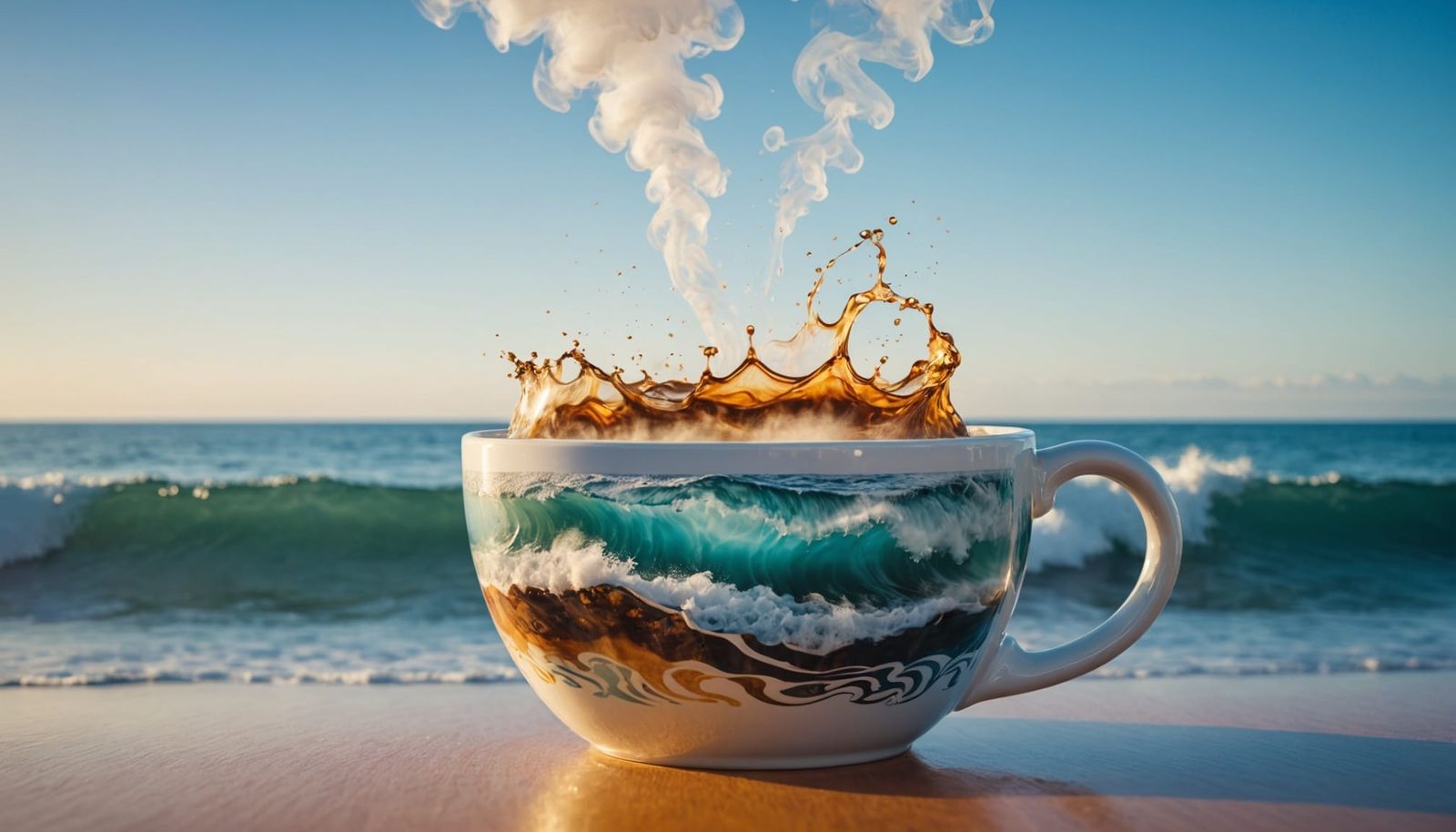 Double Exposure: Coffee Cup Merged with Ocean Waves