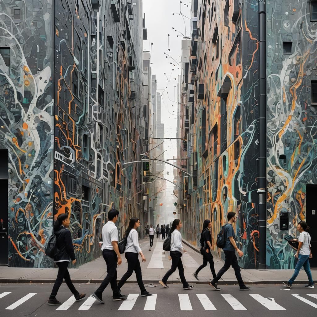 Living Binary Mural in Cyberpunk Urban Street