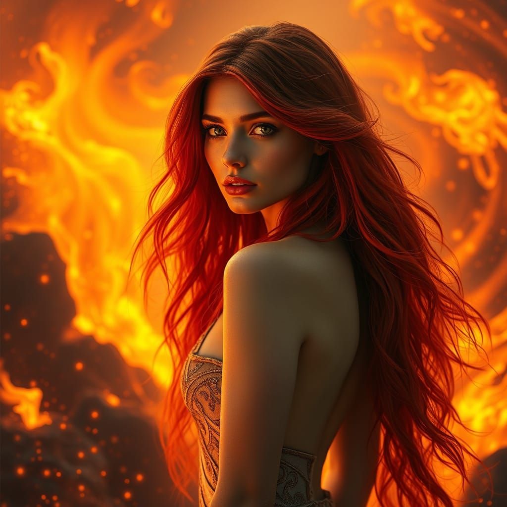 Fiery Red Goddess amidst Swirling Embers